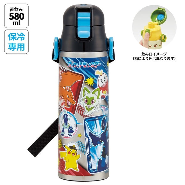 SKATER Ultralight Stainless Steel Flask Water Bottle with Shoulder Strap - Pokémon 24 (580ml)